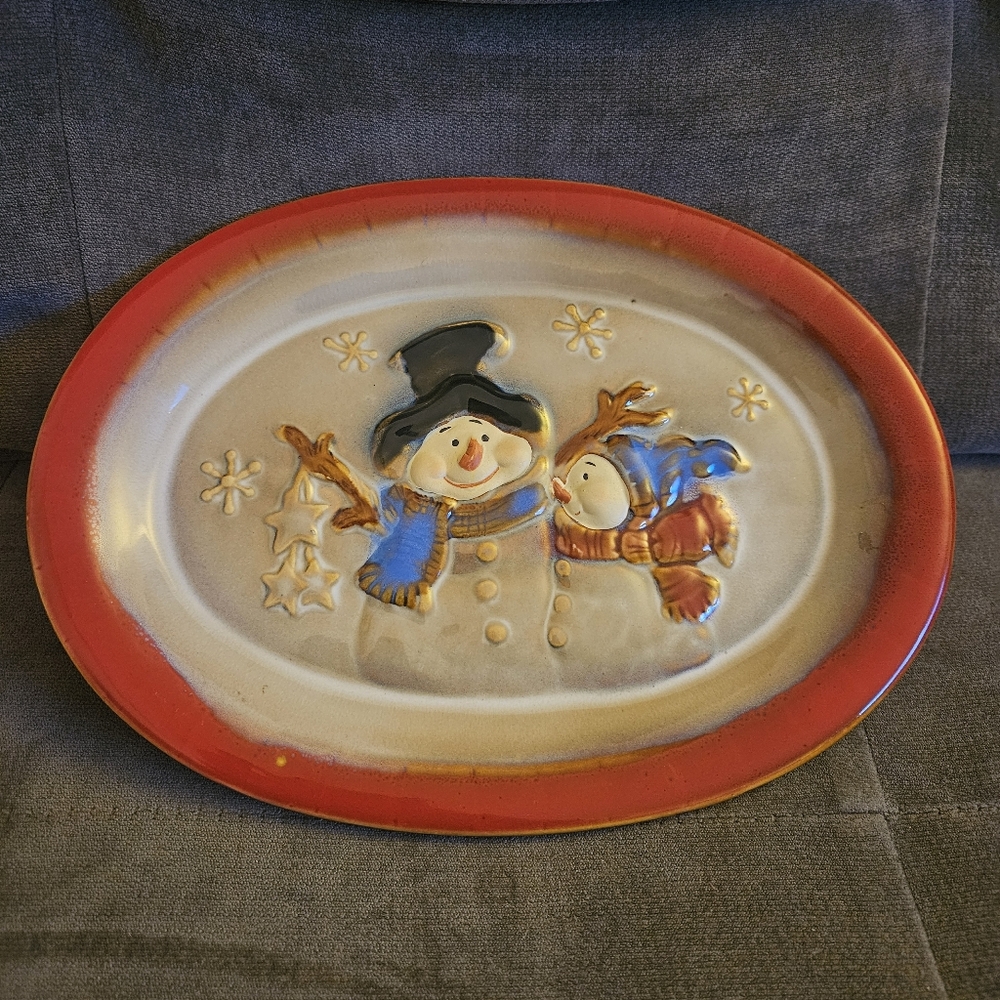Heavy Ceramic Decorative Snowman Seasonal Decor Plate Or Wall Hanging
